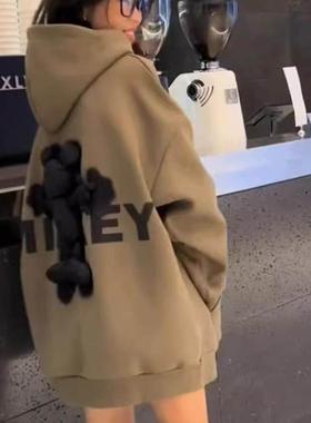 时尚ins卡通小熊连帽卫衣女2024秋冬季加绒慵懒风中长款字母上衣