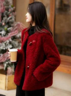 新年红色羊毛大衣女短款冬季新款时尚皮毛一体颗粒羊羔毛皮草外套