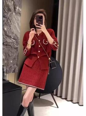 欧洲站女装2024新款气质一整套红色秋冬套装高级感半身裙子两件套