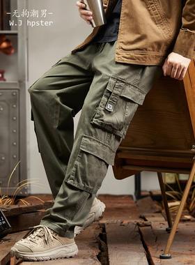潮牌it neith BIAS美式军绿色工装裤男秋冬加绒显高多口袋松紧腰