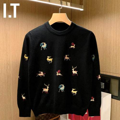 欧美潮牌轻奢羊毛针织衫男士秋冬季彩色圣诞麋鹿刺绣修身圆领毛衣