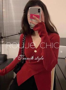 法国rouje chic法式红色不规则交叉v领针织衫毛衣女秋冬别致上衣