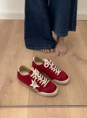 香港真皮红色德训鞋女秋季2025新款软平底休闲运动星星板鞋阿甘鞋