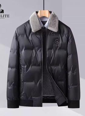 FALVLITE秋冬季羊毛领羽绒服男中年防风保暖外套休闲时尚纯色上衣