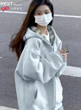 Next Moon英国联名韩系格子连帽卫衣女春秋冬设计感外套宽松开衫