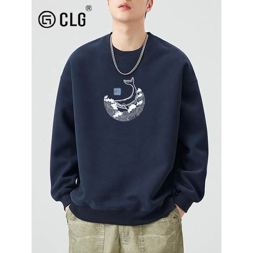香港CLG潮牌简约印花休闲卫衣男士秋冬新款潮流圆领长袖宽松外套