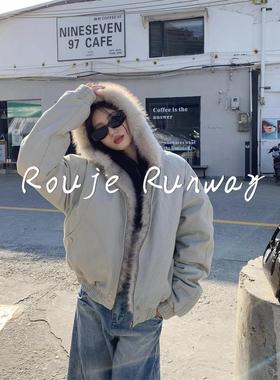 法式Rouje Runway覆古毛领连帽羽绒服女冬季高级感加厚棉衣外套