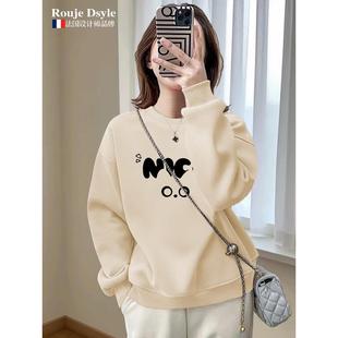 法国Rouje Dsyle杏色字母加绒加厚圆领卫衣女秋冬宽松外套上衣潮