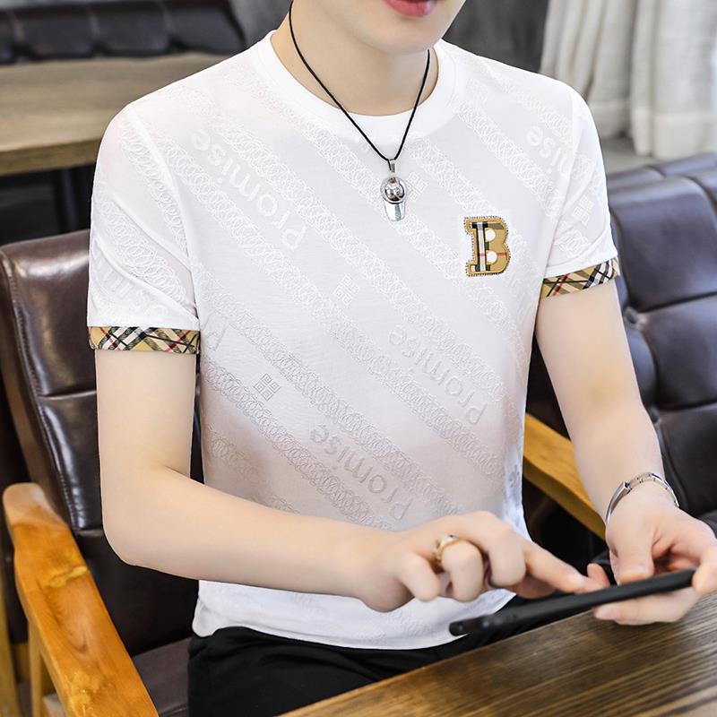 高端男士冰丝短袖t恤2025夏季新款高弹性潮流薄款修身速干半袖帅