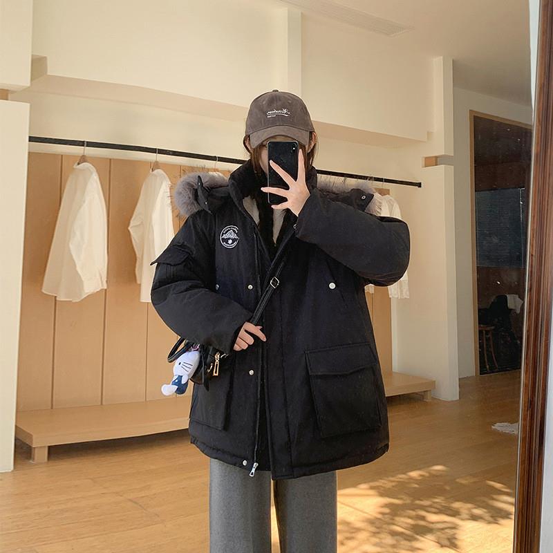 工装毛领派克服羽绒棉服女设计感小众2025冬季新款中长款加厚外套