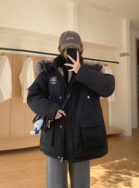 工装毛领派克服羽绒棉服女设计感小众2025冬季新款中长款加厚外套