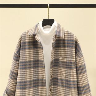 加厚毛呢外套女2025秋冬新款衬衣港味宽松长袖磨毛格子加绒衬衫女
