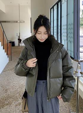 中欧美新短款2025小个子立领羽绒棉服女PU皮加厚棉袄棉衣外套潮流