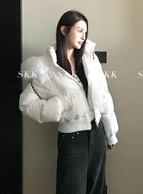 美式驼色大毛领连帽短款棉服外套女秋冬新款设计感显瘦面包服