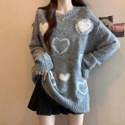 2025新款冬季加厚宽松休闲设计感慵懒风针织衫粉色爱心套头毛衣女