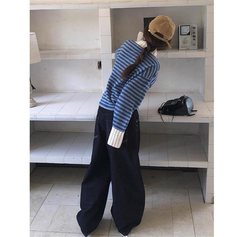 韩系复古撞色条纹针织开衫女秋冬季新款单排扣毛衣外套小个子上衣
