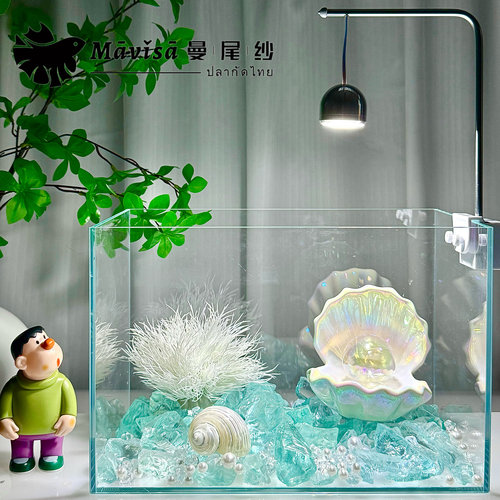 曼尾纱桌面超白玻璃鱼缸斗鱼专用陶瓷贝壳造景装饰夜灯微景观摆件