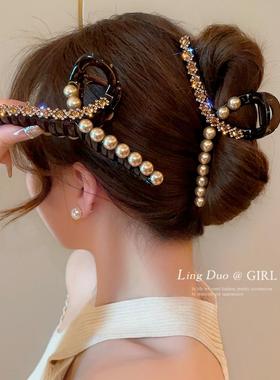 2025新款高级感韩版珍珠镶钻抓夹轻奢闪钻鲨鱼夹后脑勺盘发夹发卡