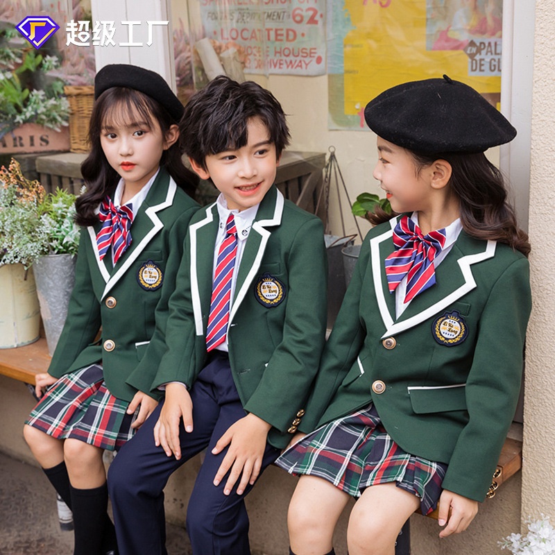 小学生新款幼儿园园服绿色西服套装英伦风班服小学生校服秋冬装