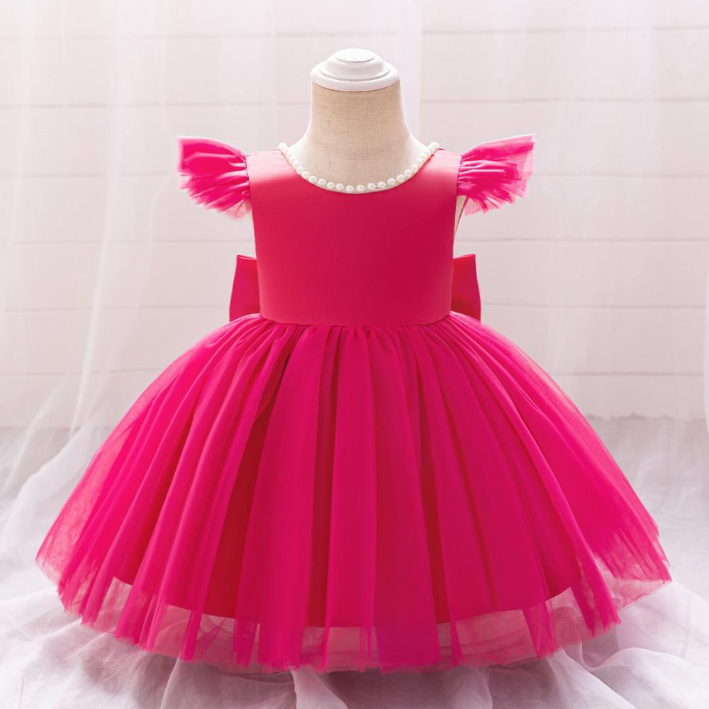 亚马逊新款婴幼儿童礼服公主裙串珠小飞袖连衣裙蝴蝶结蓬蓬公主