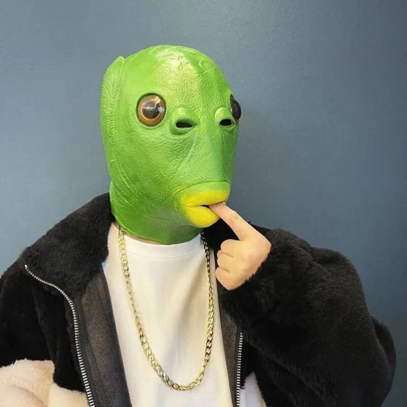 抖音搞笑无味绿头怪头套绿鱼人沙雕面具搞怪绿头鱼绿色怪怪鱼可爱