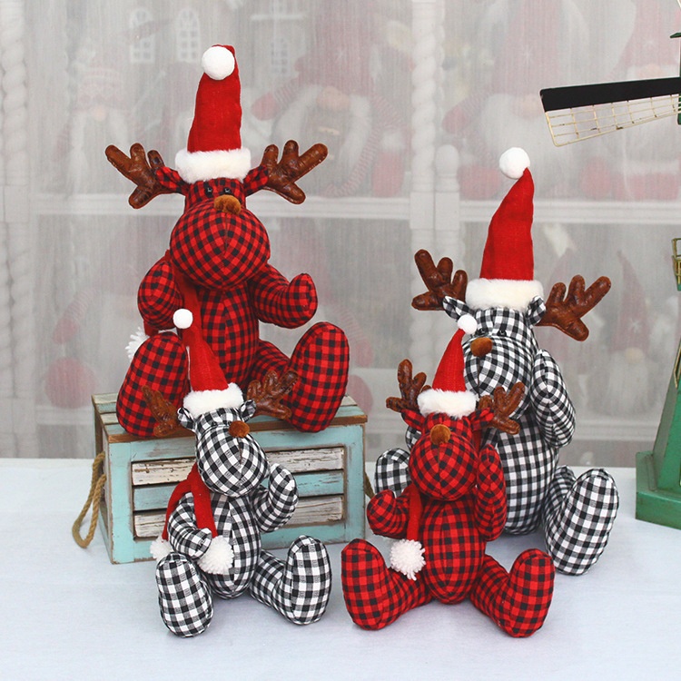 跨境新款红黑格子布艺鹿公仔圣诞节装饰用品节日礼物橱窗道具摆件