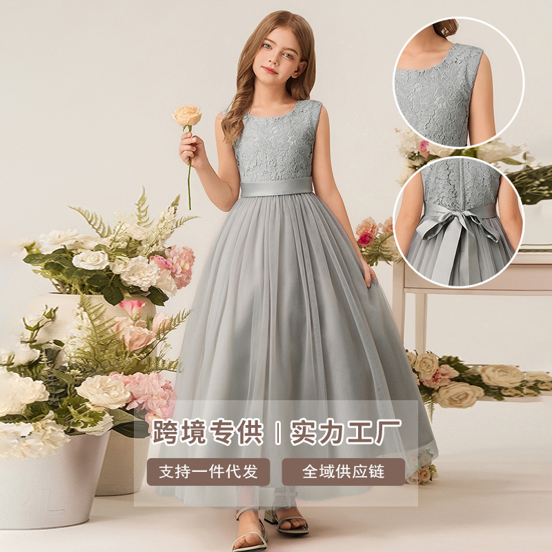 中大童小提琴演奏服蓬松纱裙儿童无袖钢琴演出服灰色乐团合奏