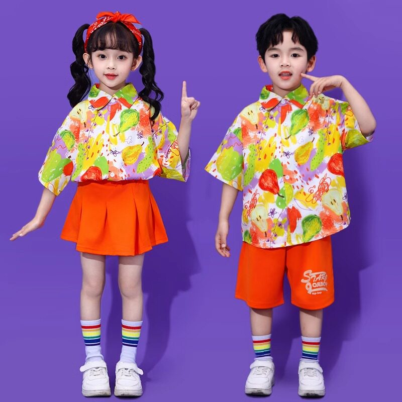 儿童啦啦队演出潮服港风花衬衫套装幼儿园班服街舞合唱表演服短袖