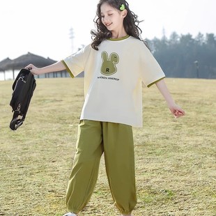T长裤 A2024夏季 中小童短袖 女童小清新甜美短袖 宽松休闲套装