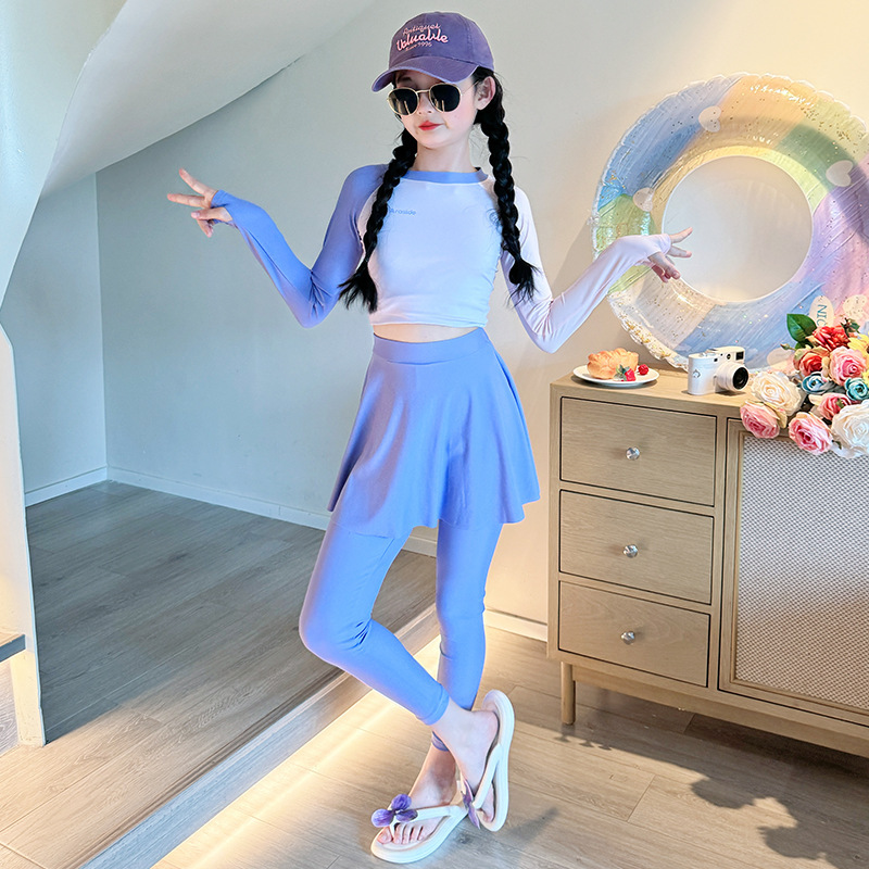 儿童女童分体泳衣套装长袖防晒泳衣假两件长泳裤女孩海边游玩