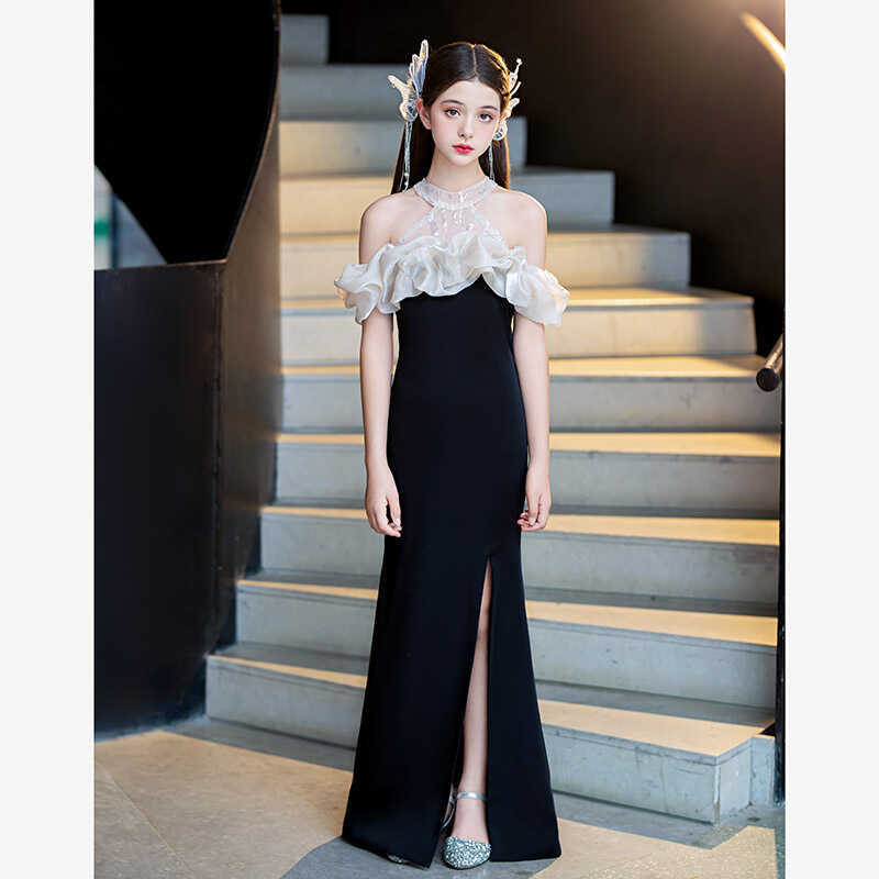 儿童礼服黑色钢琴考级小提琴演奏长款女童礼服演出服气质小