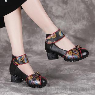 新款 024春季 真皮女鞋 民族媽媽鞋 跳舞 正品 粗跟印花風(fēng)中老年皮鞋 2鞋