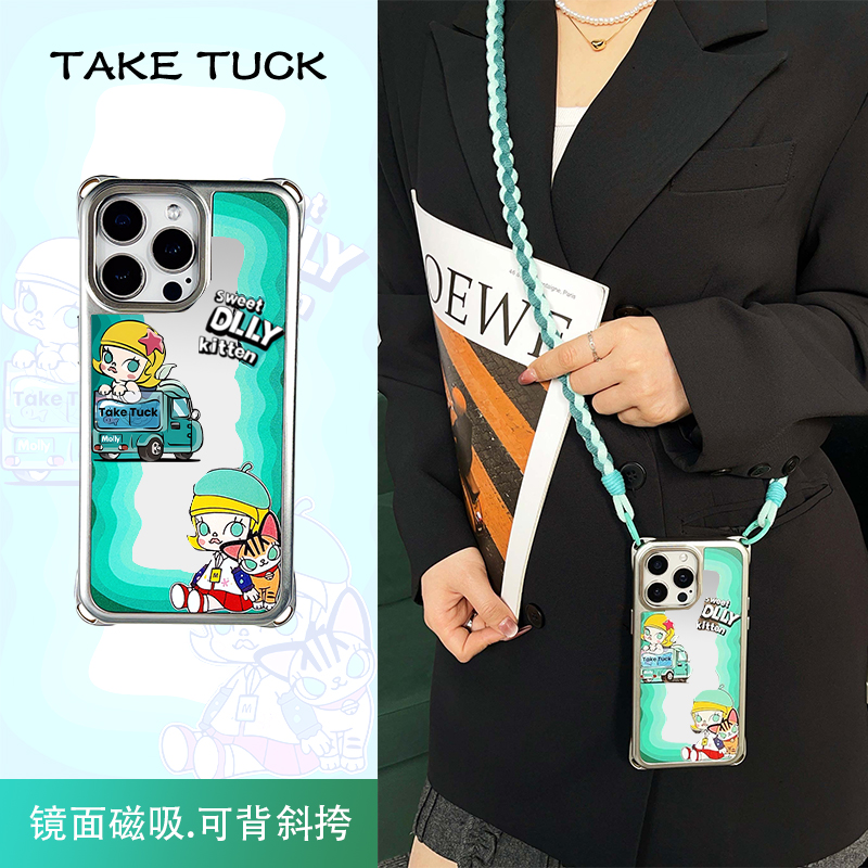 MOLLY少女波浪莫莉猫咪适用苹果16pro背带16Plus斜跨挂绳15Promax防摔14链条13四角开孔带镜子手机壳可磁吸