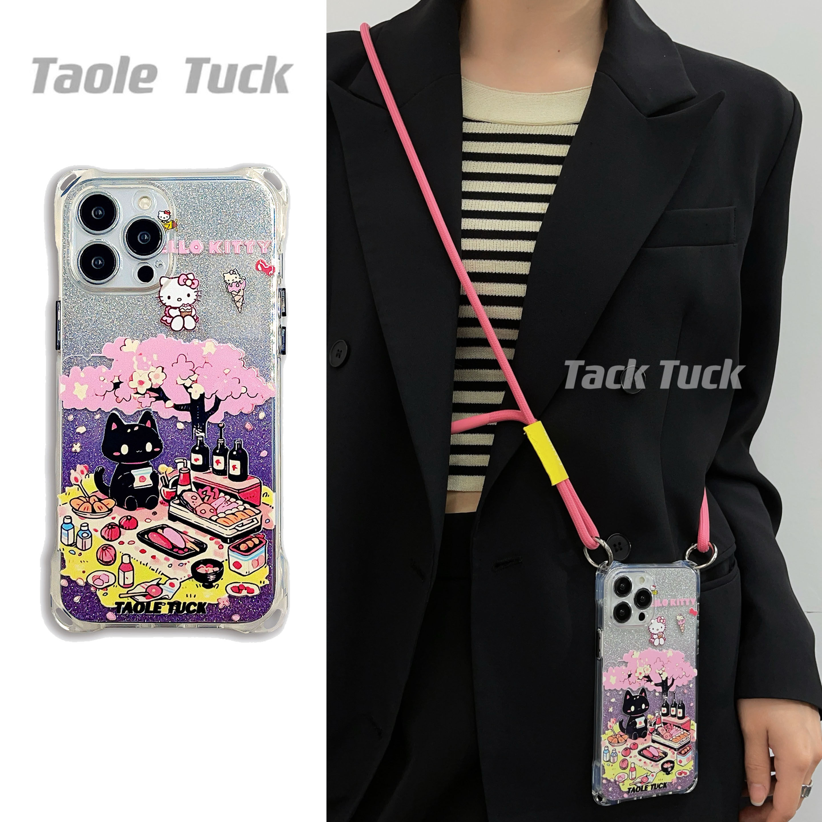 春日赏樱小猫透明挂绳手机壳14Promax新款适用荣耀苹果13/12/11华为P60/p40Pro/p50mate40防摔斜挎小米14女,3C数码配件,手机保护套/壳,淘宝优惠券,粉丝福利购,淘宝优惠卷