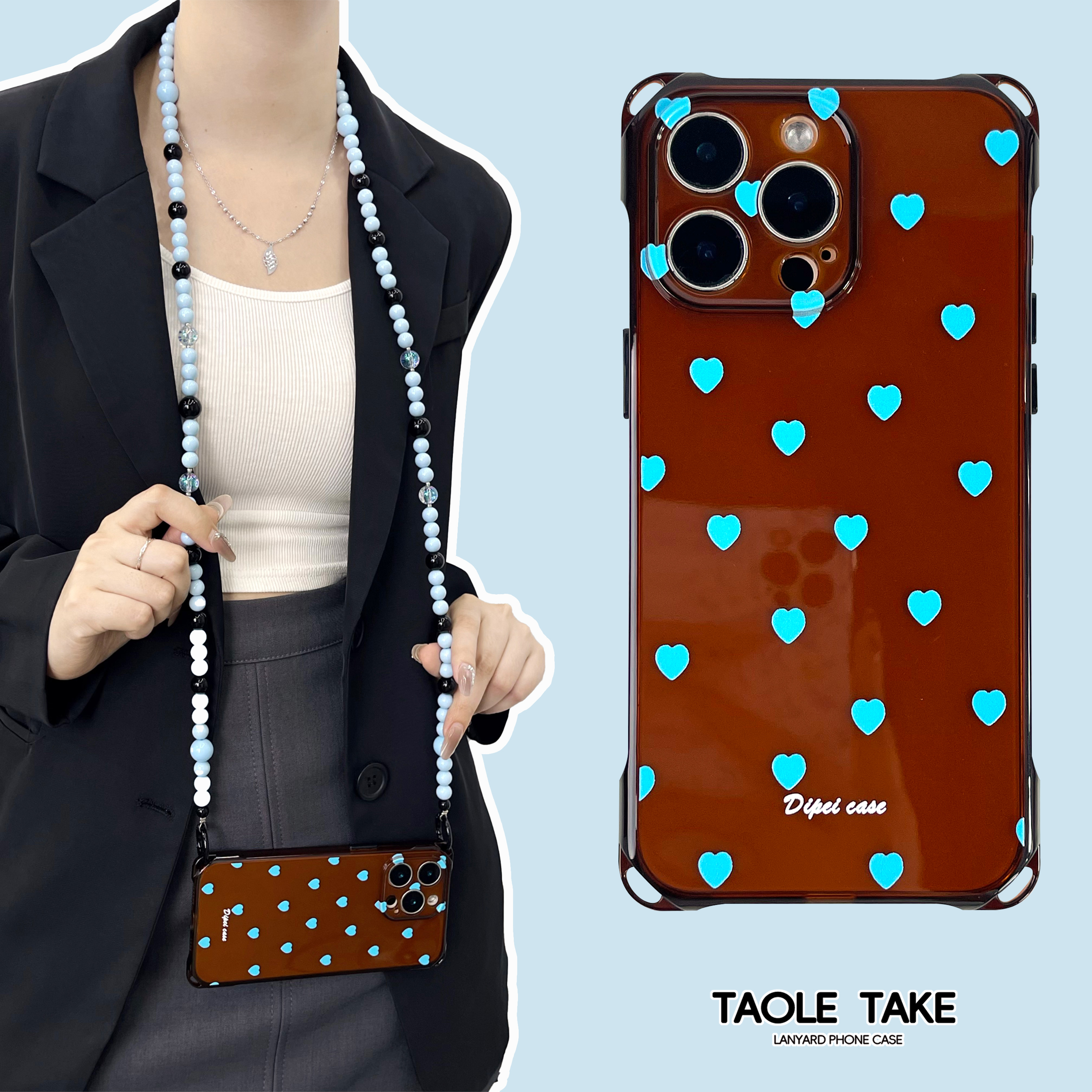 蓝心软硅胶全包手机壳斜挎挂绳