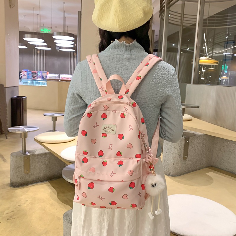 日本小清新初中生书包女休闲草莓印花校园女生小双肩包旅行小背包