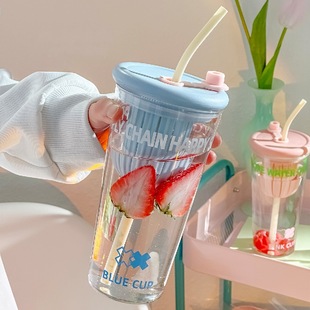 玻璃吸管杯女可爱家用高颜值大容量网红果汁水杯茶水 日本2024新款