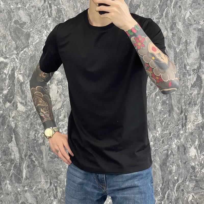 网红同款夏季圆领短袖男纯色纯棉修身百搭潮牌T恤纯黑打底内搭衫