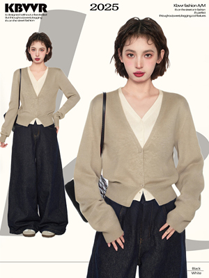 卡其色v领假两件针织开衫女春秋冬季短款内搭打底衫毛衣外套上衣