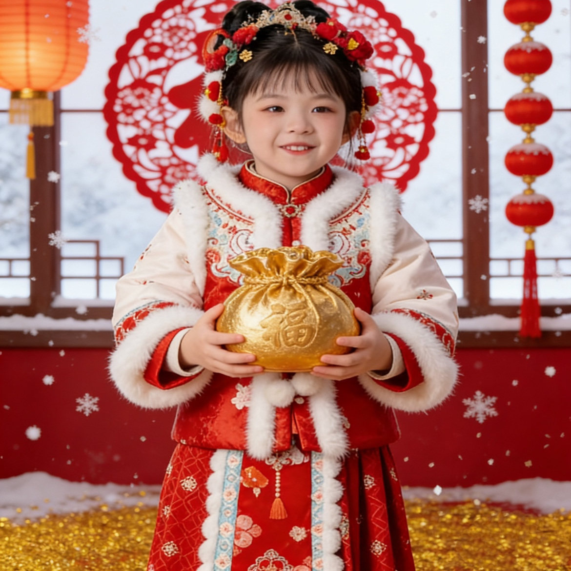 女童汉服加绒保暖新年拜年套装