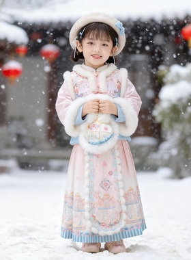 2025年冬季加绵加厚女童中式风刺绣汉服冬季加厚毛领两件套格格服