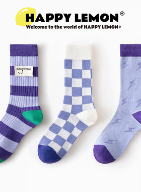 HAPPYLEMON袜子女中筒袜夏季薄款ins潮外穿可爱字母条纹长棉袜子