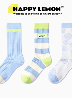 HAPPYLEMON袜子女夏季薄款中筒袜ins潮外穿条纹可爱字母长棉袜子