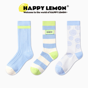 ins潮外穿条纹可爱字母春秋长棉袜子 HAPPYLEMON袜子女中筒袜夏季