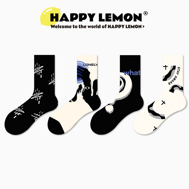黑白色中筒袜卡通趣味透气吸汗