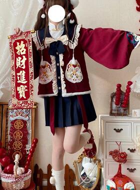 jk制服套装冬装夏故JK原创新年战袍幼稚园长袖红色圣诞款加厚拜年