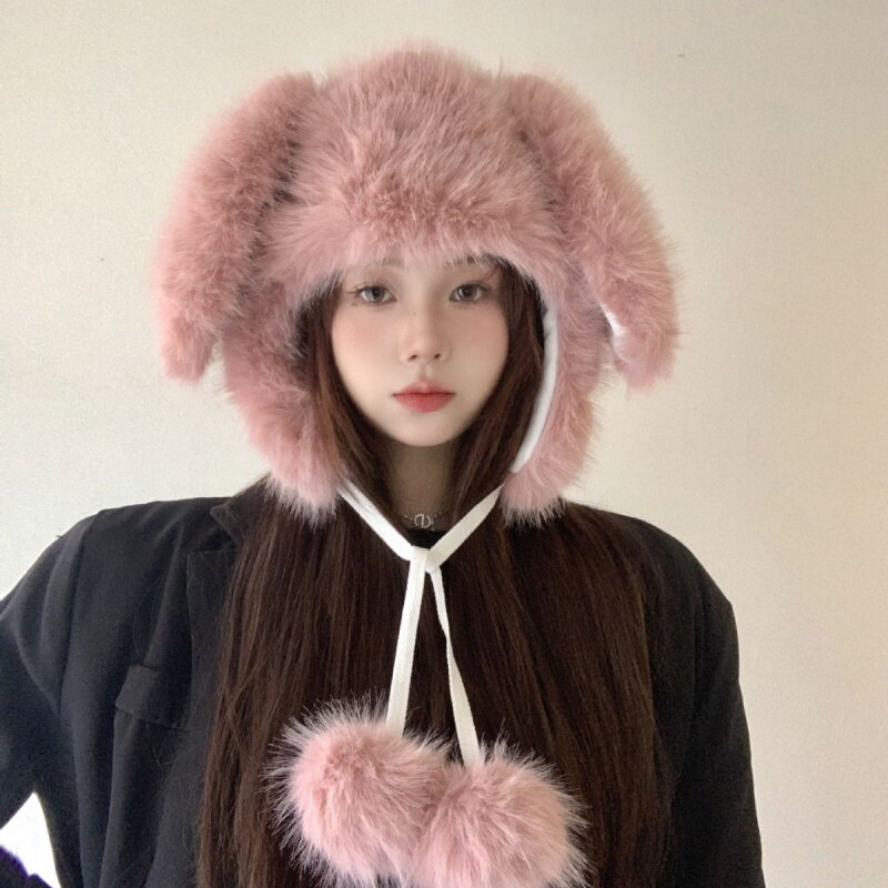 新款韩版毛绒可爱兔子耳朵雷锋帽女冬季百搭户外滑雪保暖护耳系带