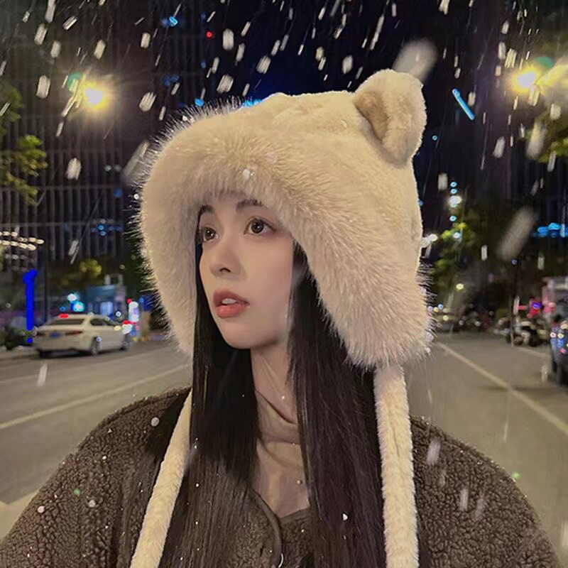 卡通可爱小熊毛绒帽子女秋冬季骑车保暖护耳帽冬天加厚护耳雷锋帽