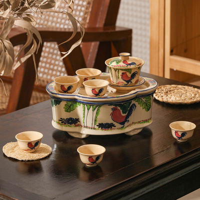 潮州老枫溪茶具手绘工夫公鸡茶盘