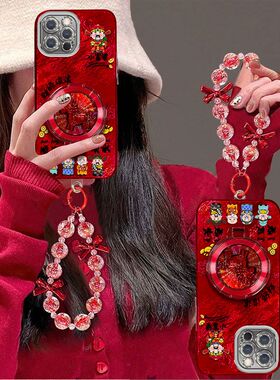 适用苹果12promax手机壳a2412带镜头膜iPhone12保护套a2404新年女款ip12pro全包边5G防摔手链支架喜庆红潮女